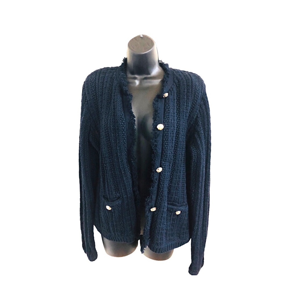 Tahari Navy Blue Knit Cardigan with Gold Buttons